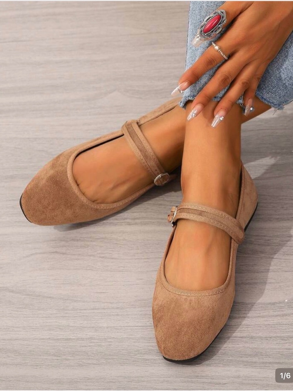 SHEIN Tan Suede Mary Jane Flats with Strap